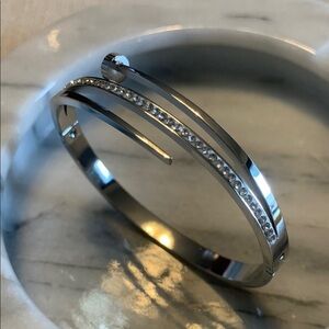 Silver Stainless Steel Bangle Nail Bracelet With Crystals